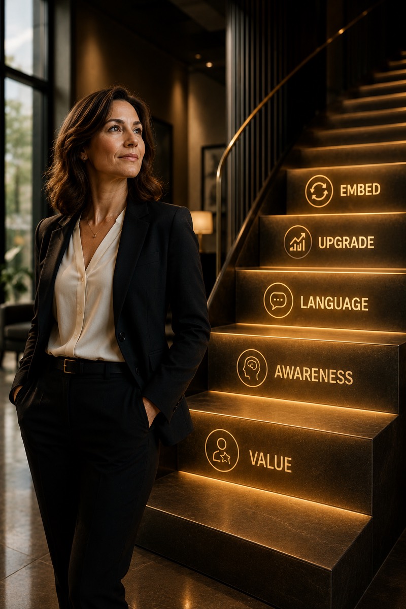 The five steps of the VALUE Method, lit like a staircase: Value, Awareness, Language, Upgrade, Embed